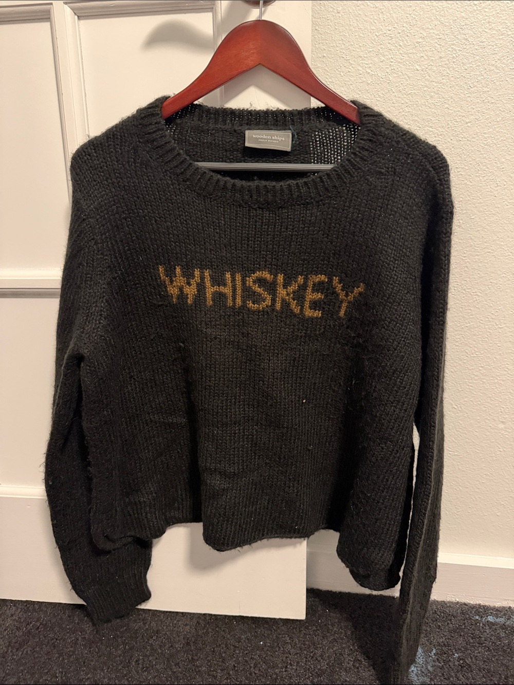 Wooden Ships Black Crewneck Sweater with Gold 'WHISKEY' Knit